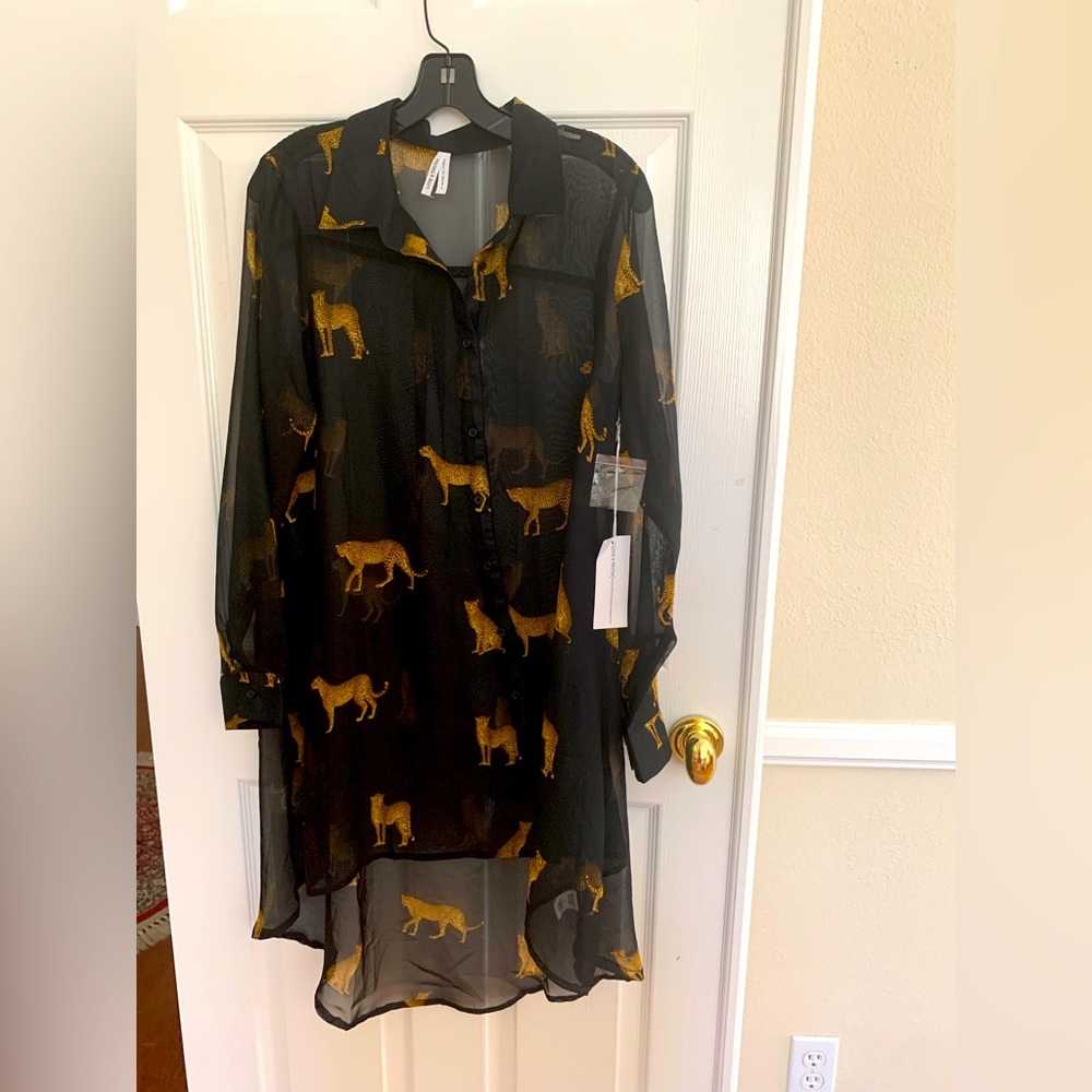NWT Live 4 Truth Coverup: Black Sheer w/Leopard Print, Button-Down, Collar, L
